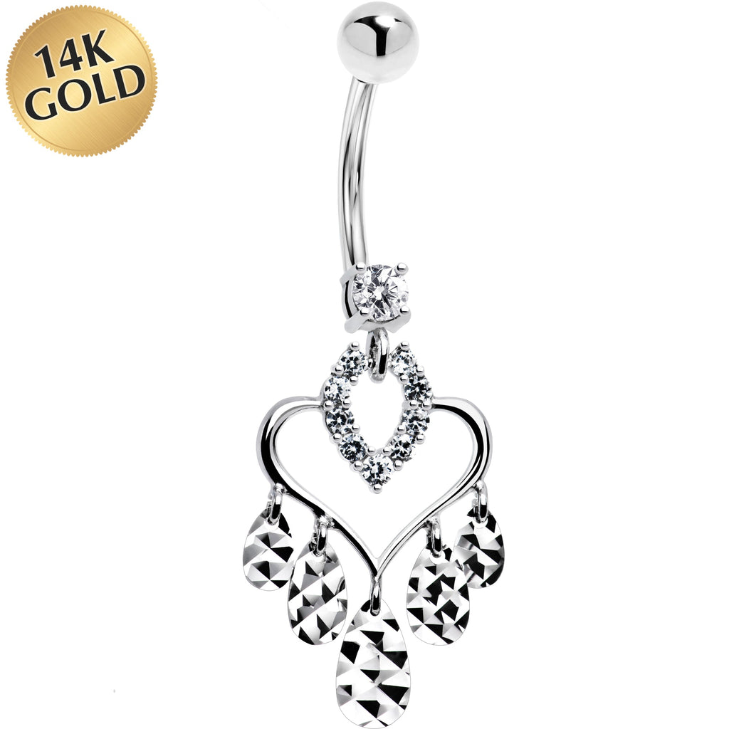 16G Solid 14k White Gold Majestic Heart Chandelier Belly Ring