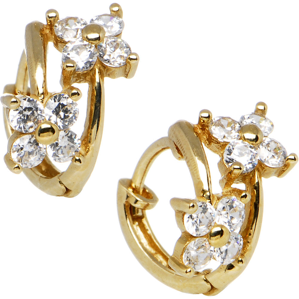 14k Yellow Gold CZ Dual Flower Huggy Earrings