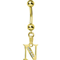 16G Solid 14k Yellow Gold CZ Initial N Belly Ring