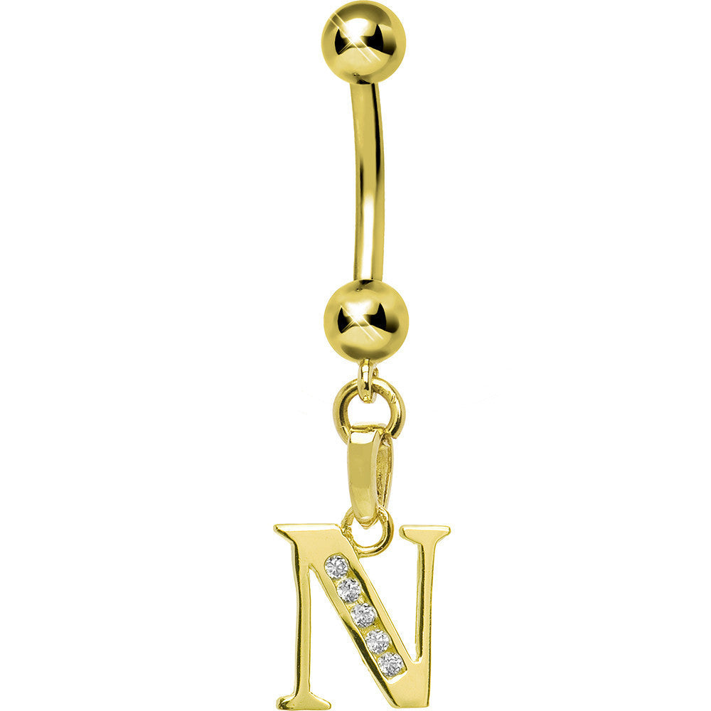 16G Solid 14k Yellow Gold CZ Initial N Belly Ring