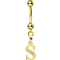 16G Solid 14k Yellow Gold CZ Initial S Belly Ring
