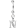 16G Solid 14k White Gold CZ Initial N Belly Ring