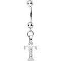 16G Solid 14k White Gold CZ Initial T Belly Ring