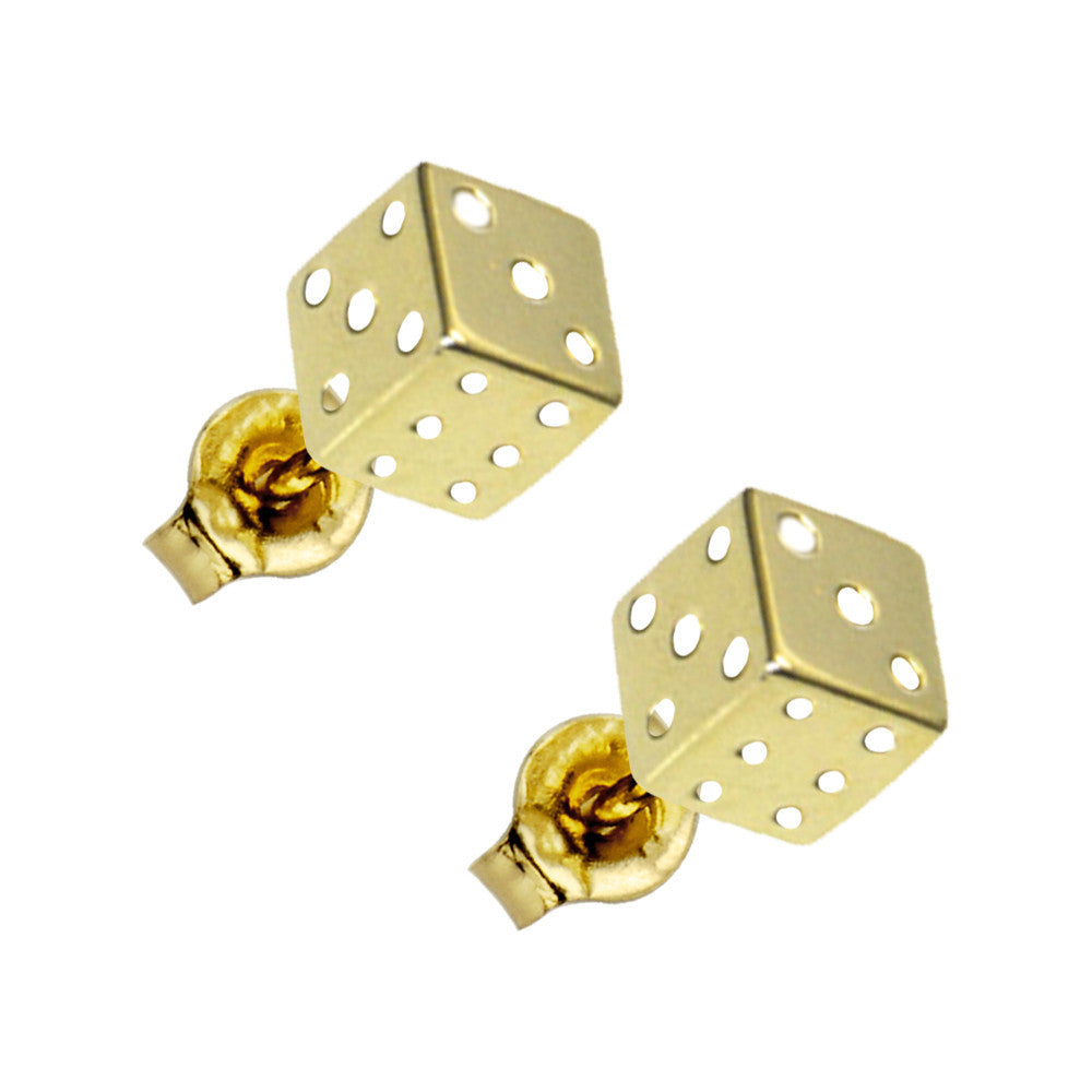 14k Yellow Gold Flat Dice Stud Earrings