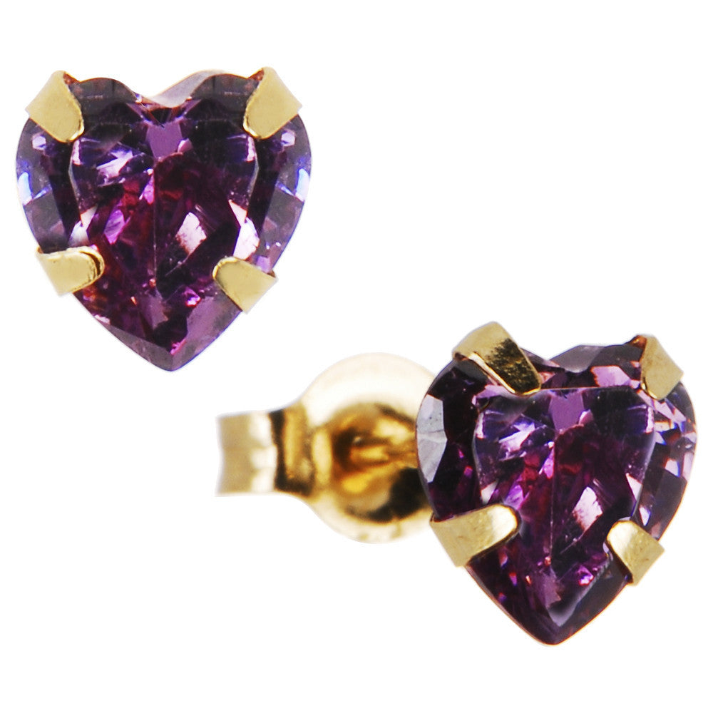 14k Yellow Gold .47 Carat CZ Heart February Birthstone Earrings
