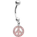 16G 14k White Gold  Pink CZ Peace Sign Belly Ring