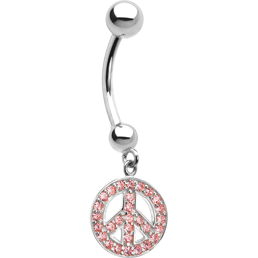16G 14k White Gold  Pink CZ Peace Sign Belly Ring