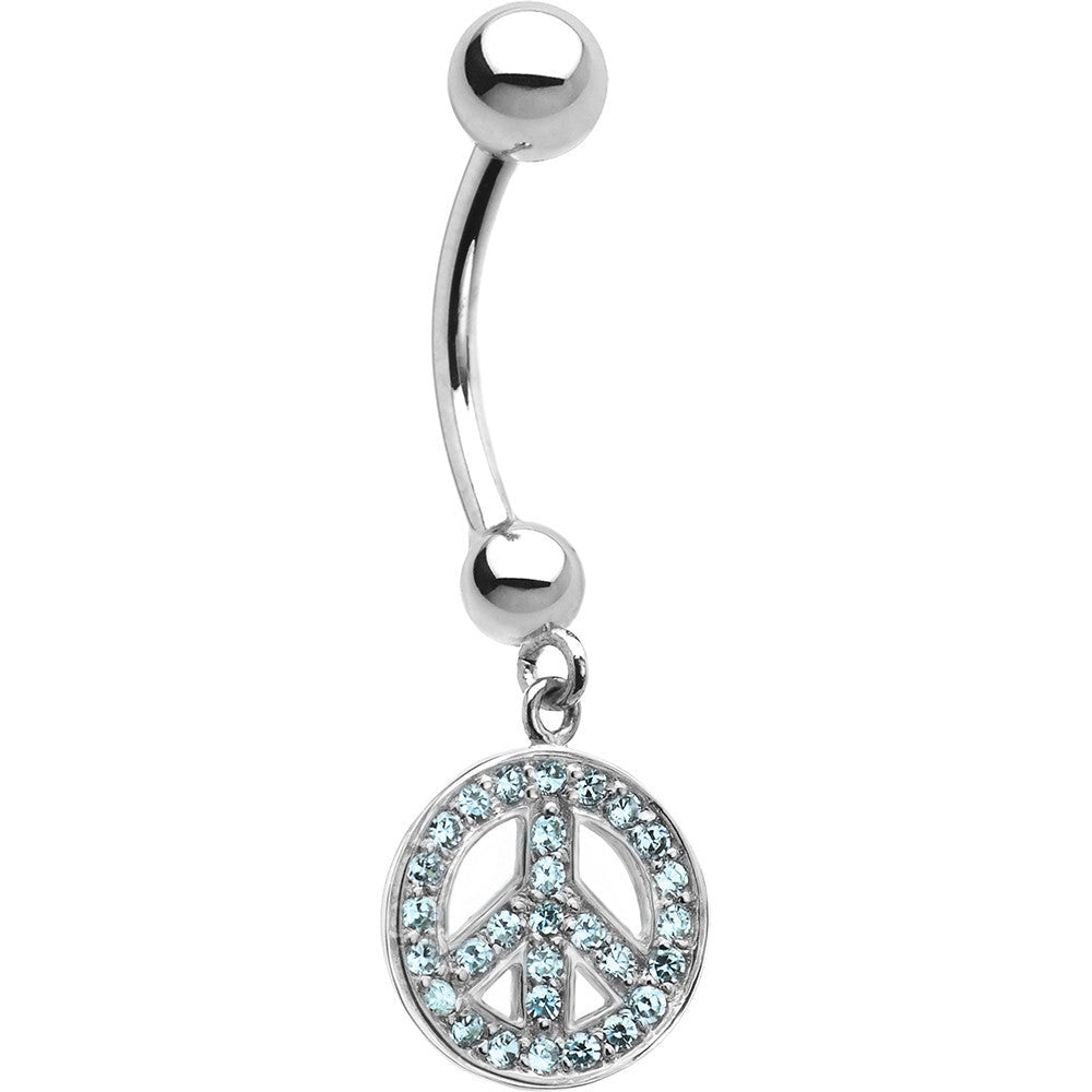16G 14k White Gold  Aqua CZ Peace Sign Belly Ring