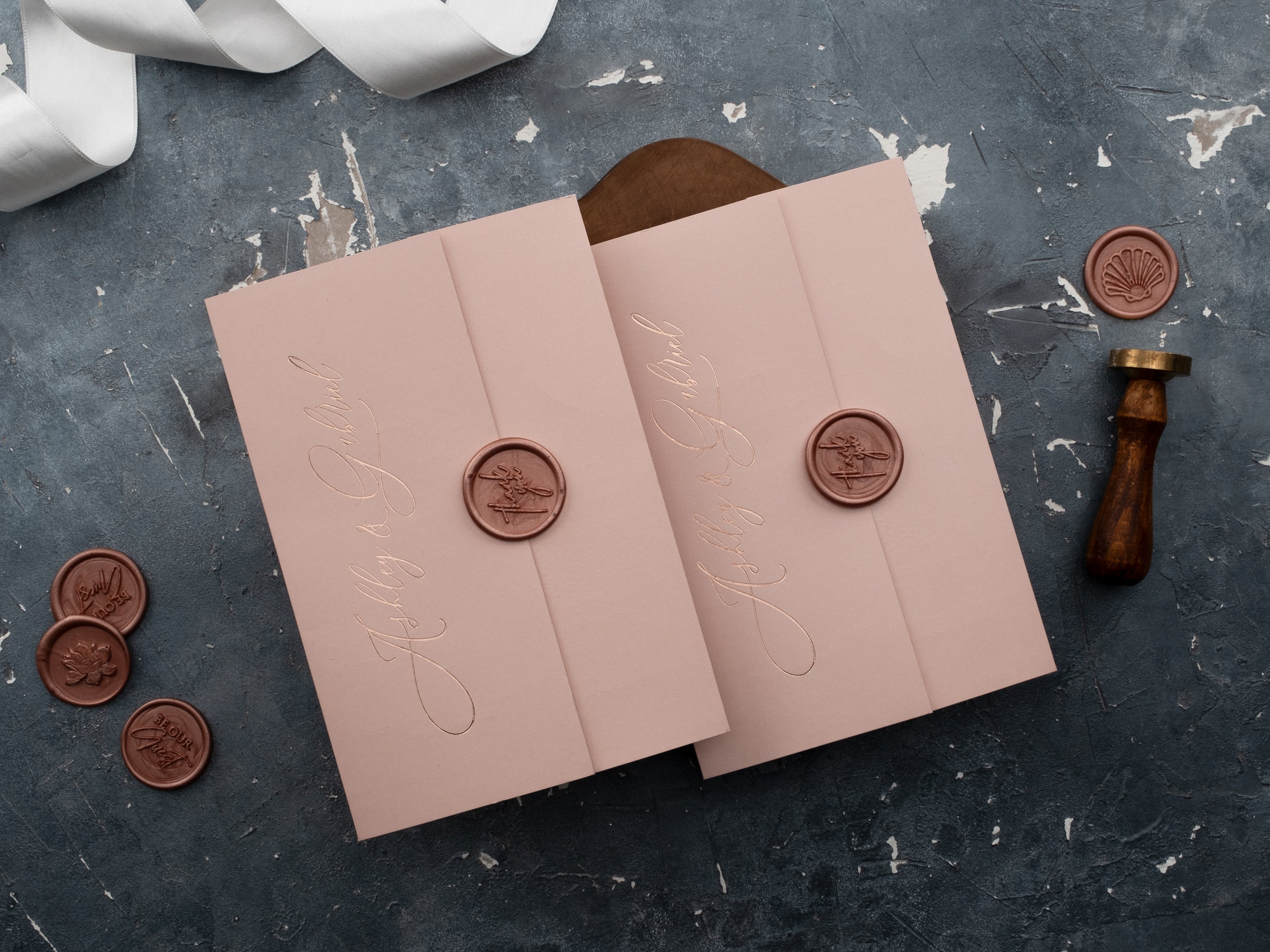 Acrylic Wedding Invitations with Blush Pink Jacket and Rose Gold Foil Printing