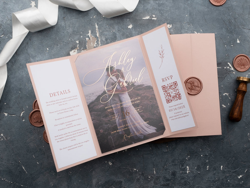 Acrylic Wedding Invitations with Blush Pink Jacket and Rose Gold Foil Printing