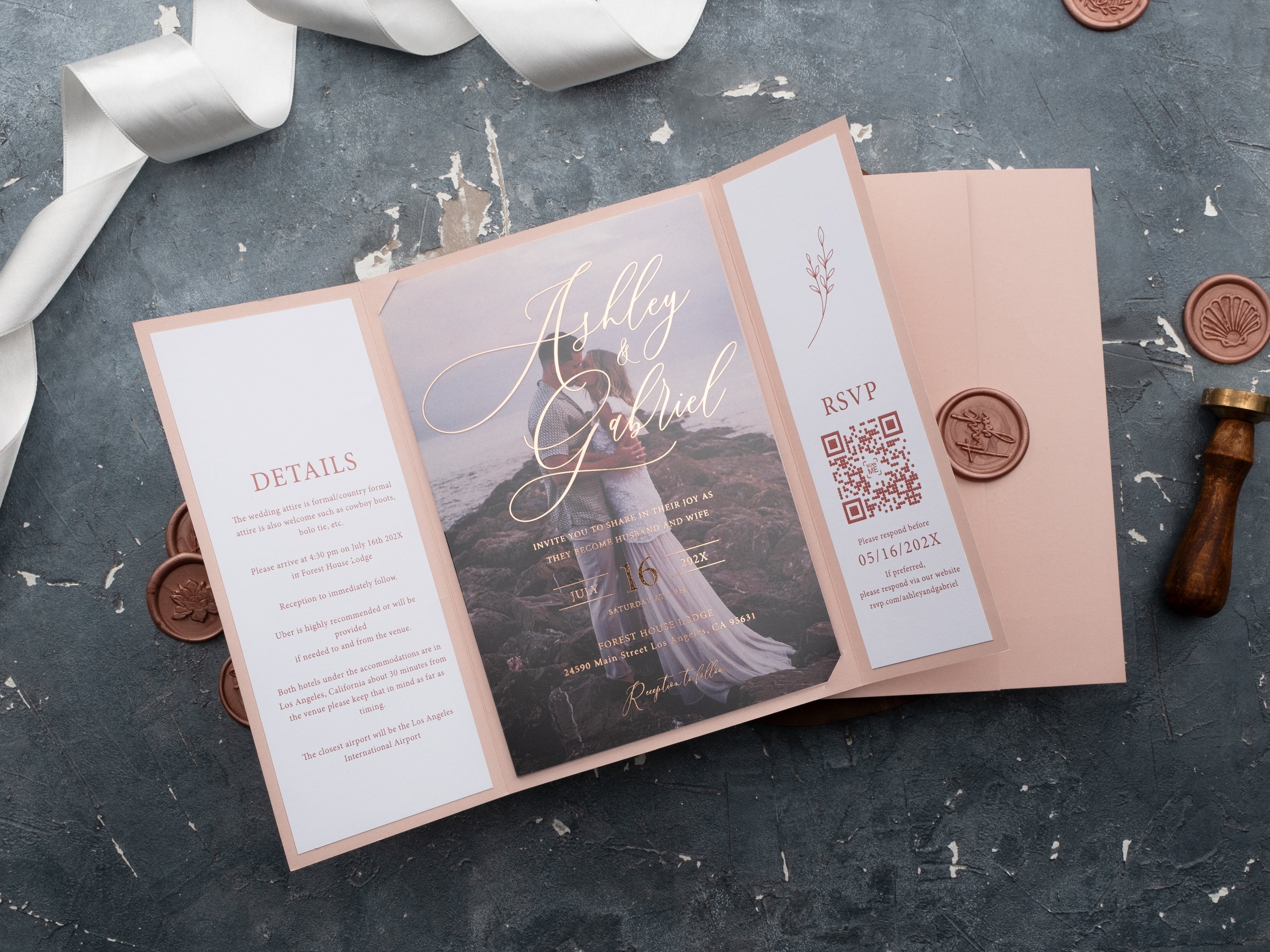 Acrylic Wedding Invitations with Blush Pink Jacket and Rose Gold Foil Printing