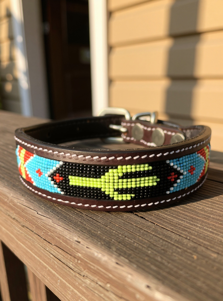Epic Padded Leather Dog Collar with Cactus Beaded Design B