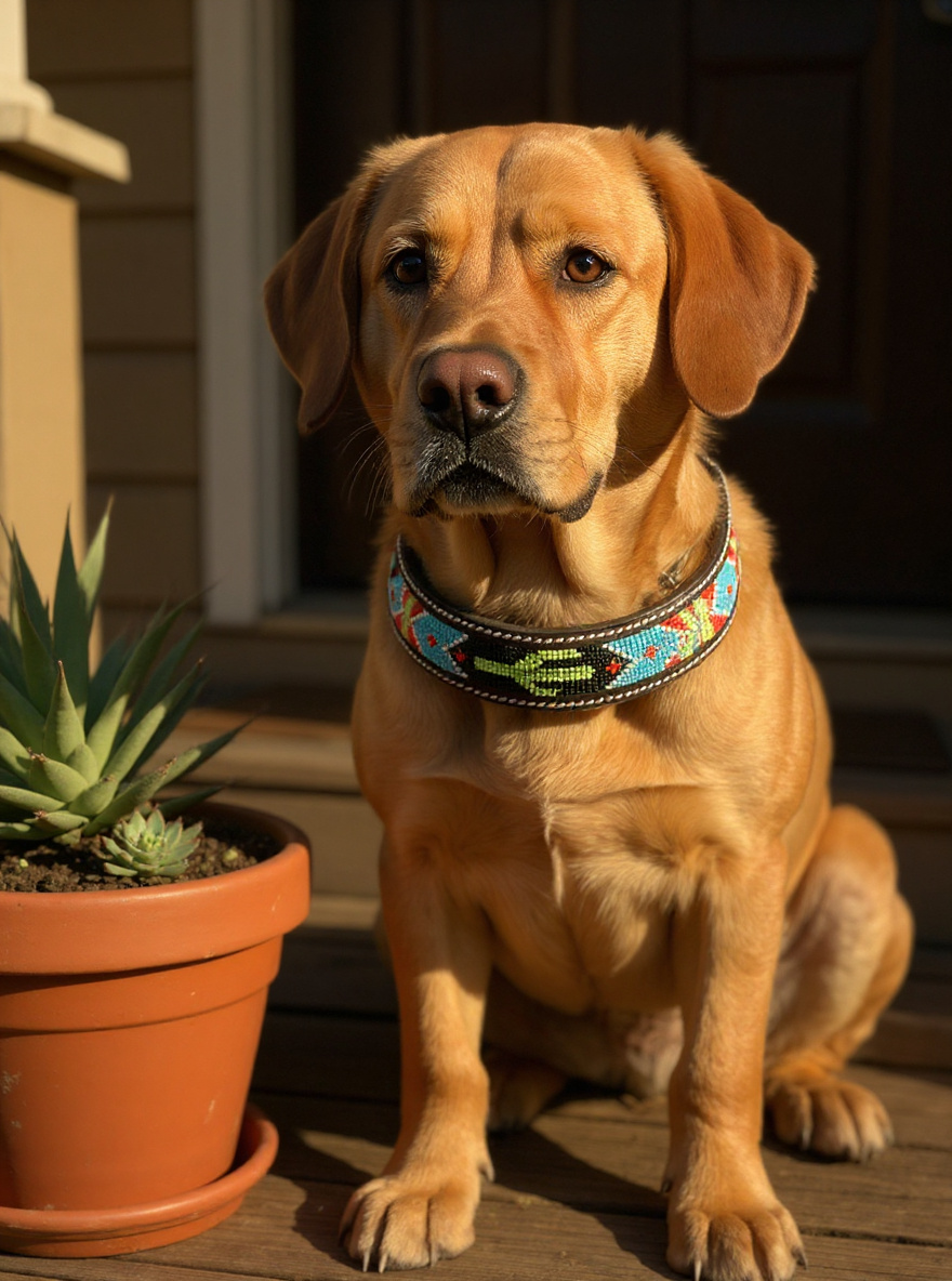 Epic Padded Leather Dog Collar with Cactus Beaded Design B