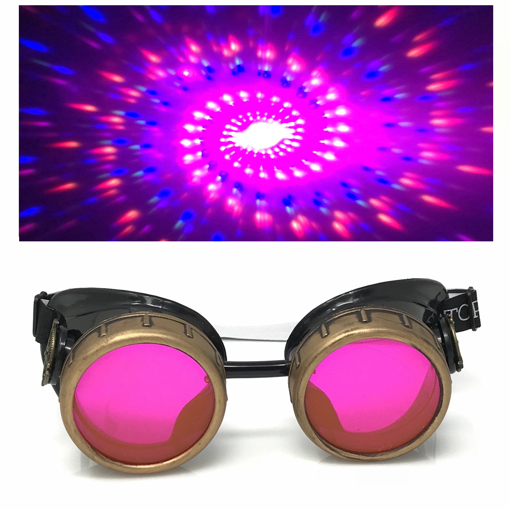 Steampunk Aviator Goggles Spiral Diffraction Lenses - pink, orange, lime green, clear lenses