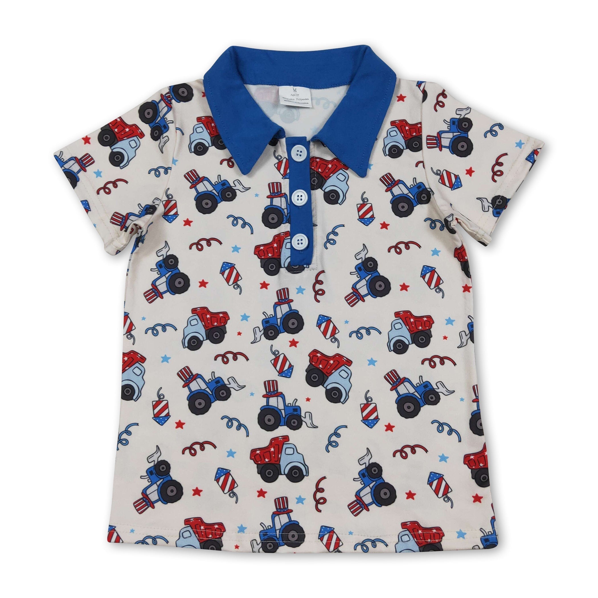 Blue short sleeves tractor kids boys 4th of july polo shirt
