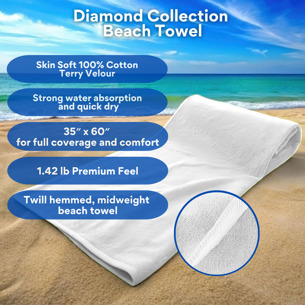 Diamond Collection Beach Towel: White, 100% Cotton (1.42lbs)