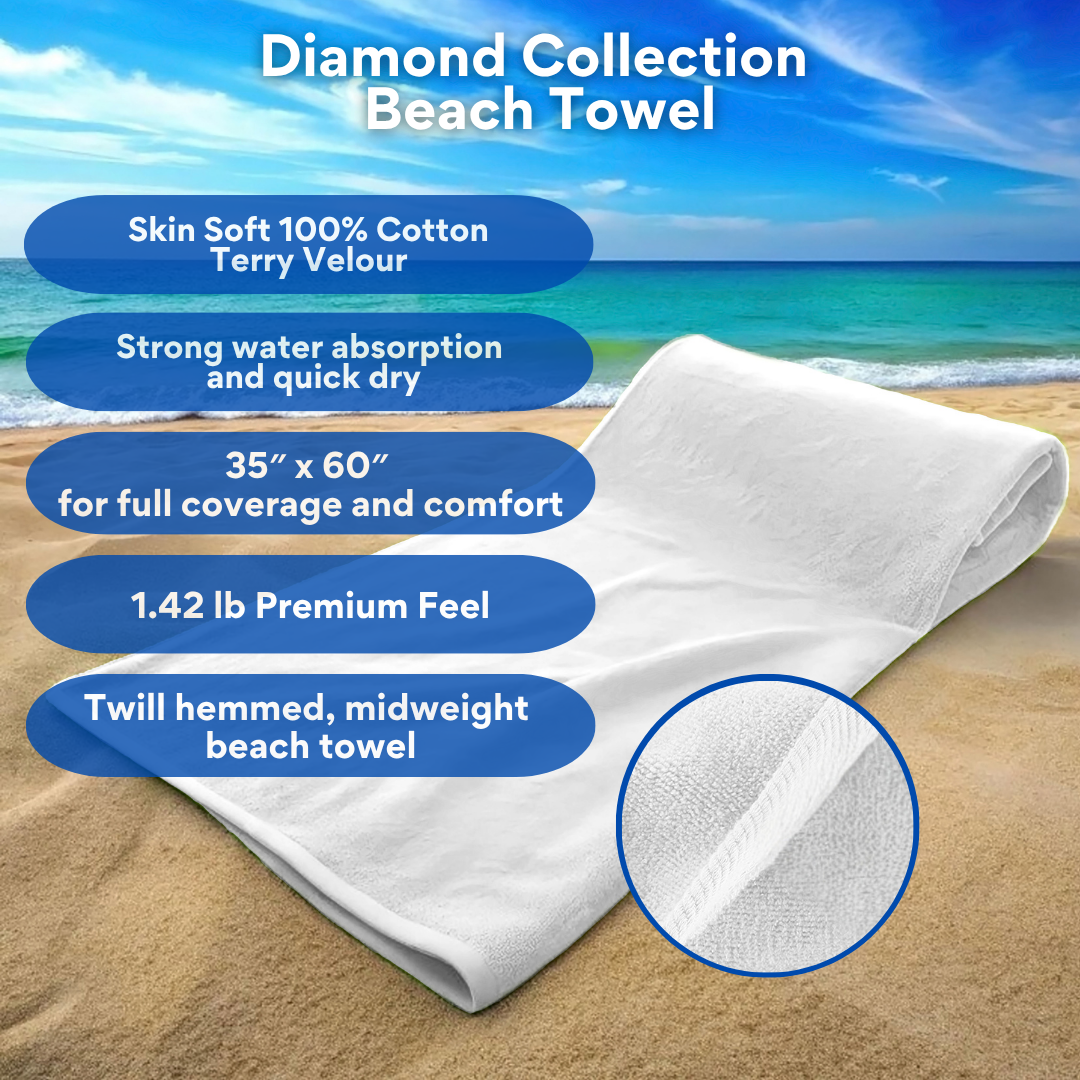 Diamond Collection Beach Towel: White, 100% Cotton (1.42lbs)