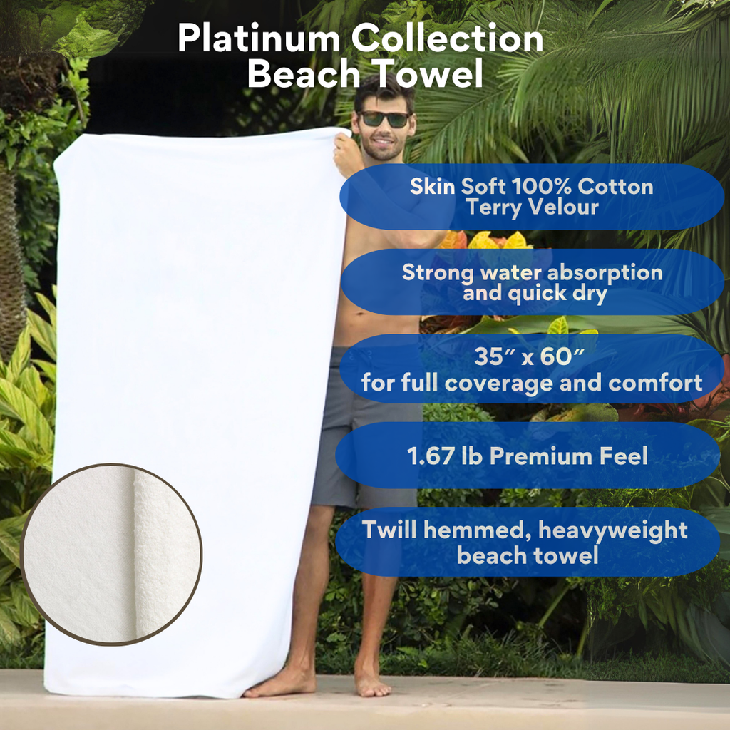 Platinum Collection Beach Towel: 100% Cotton Terry Velour