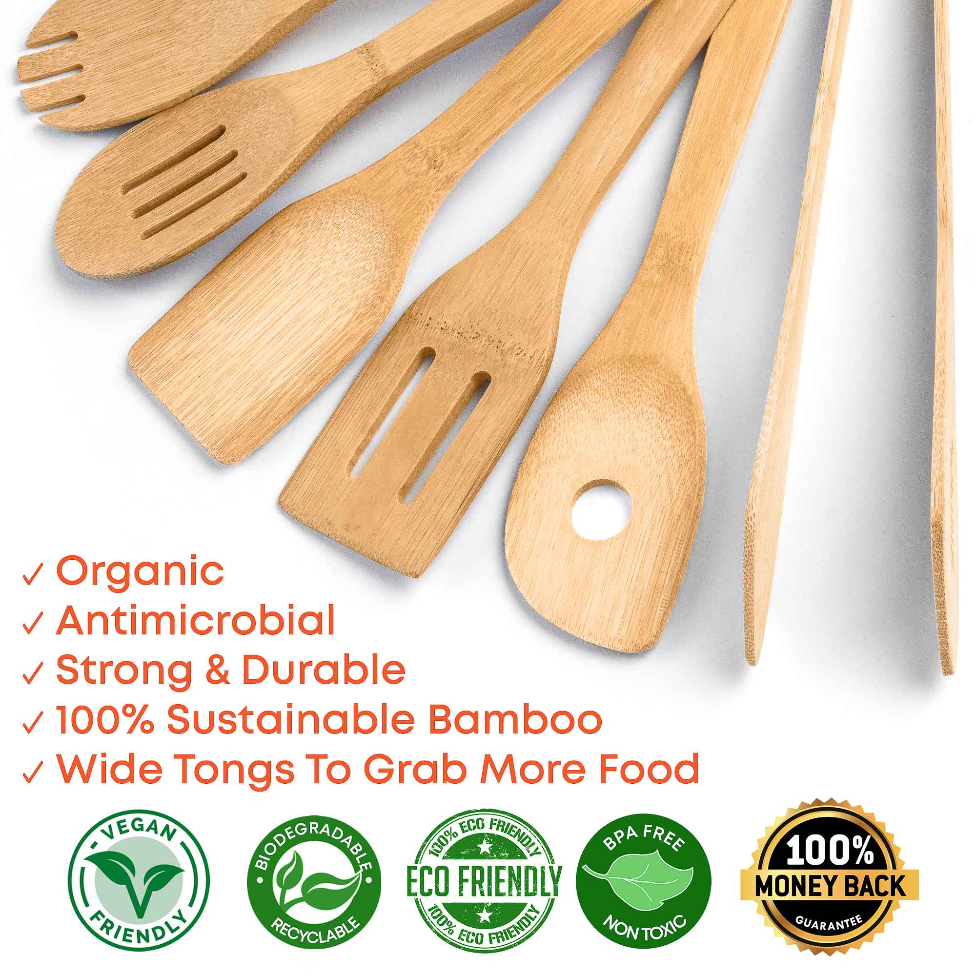 Bamboo Kitchen Utensils Set 8-Pack - Wooden Cooking Utensils for Nonstick Cookware - Wooden Cooking Spoons, Spatulas, Turner, Tongs, Utensil Holder
