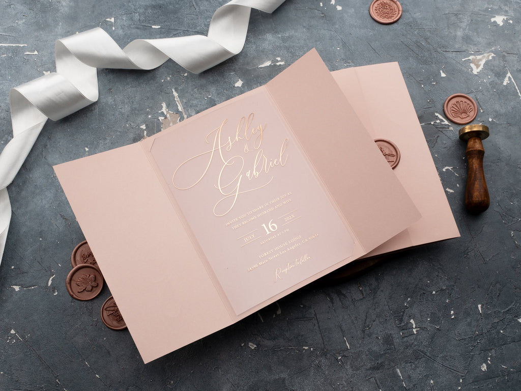 Acrylic Wedding Invitations with Blush Pink Jacket and Rose Gold Foil Printing