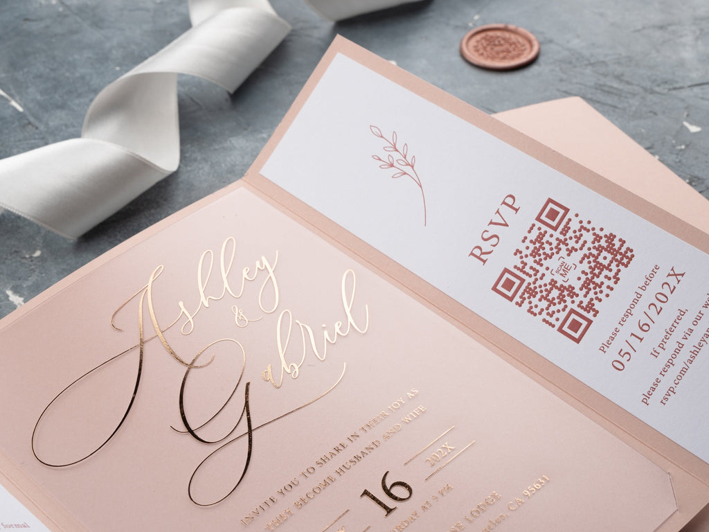 Acrylic Wedding Invitations with Blush Pink Jacket and Rose Gold Foil Printing