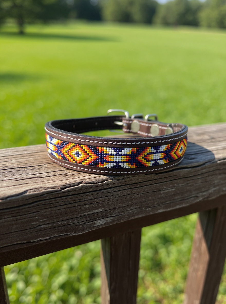 Epic Padded Leather Dog Collar with Beaded Design C