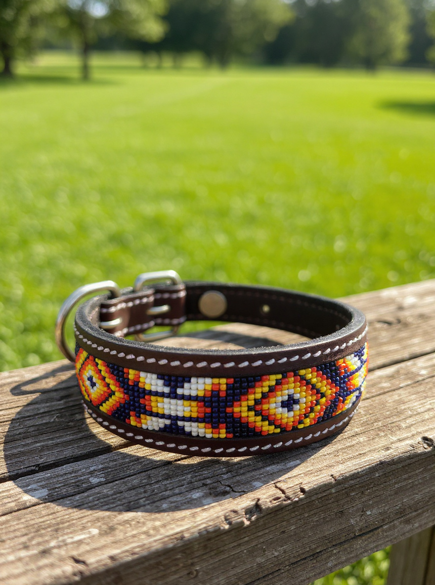 Epic Padded Leather Dog Collar with Beaded Design C