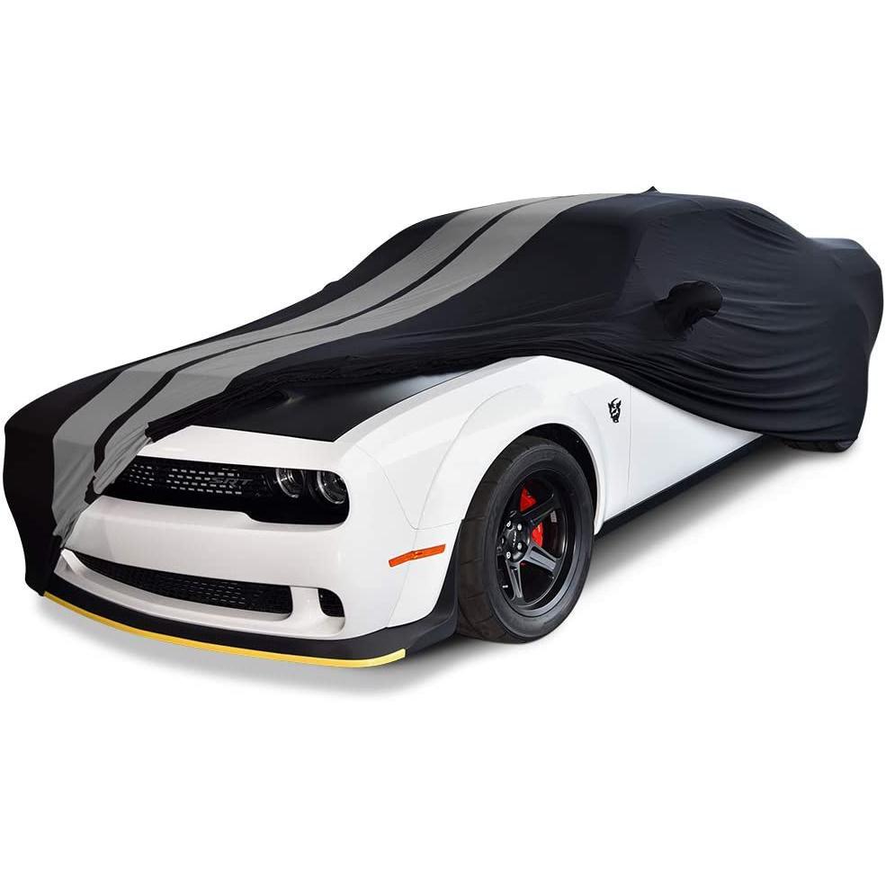 2008-2023 Dodge Challenger Ultraguard Stretch Satin Indoor Car Cover : Sport Series - Black with Gray Stripes