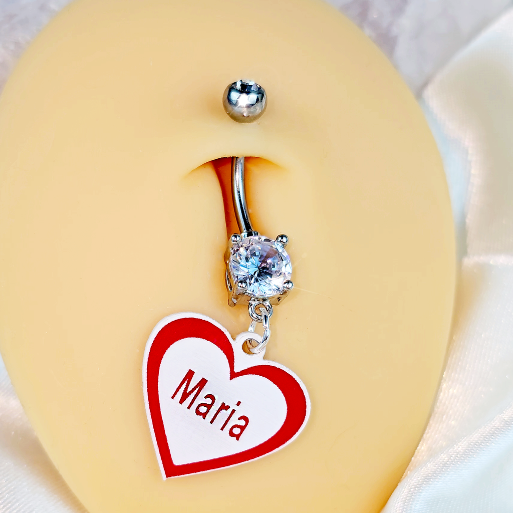 Custom Double Gem Red White Valentines Day Heart Personalized Dangle Belly Ring