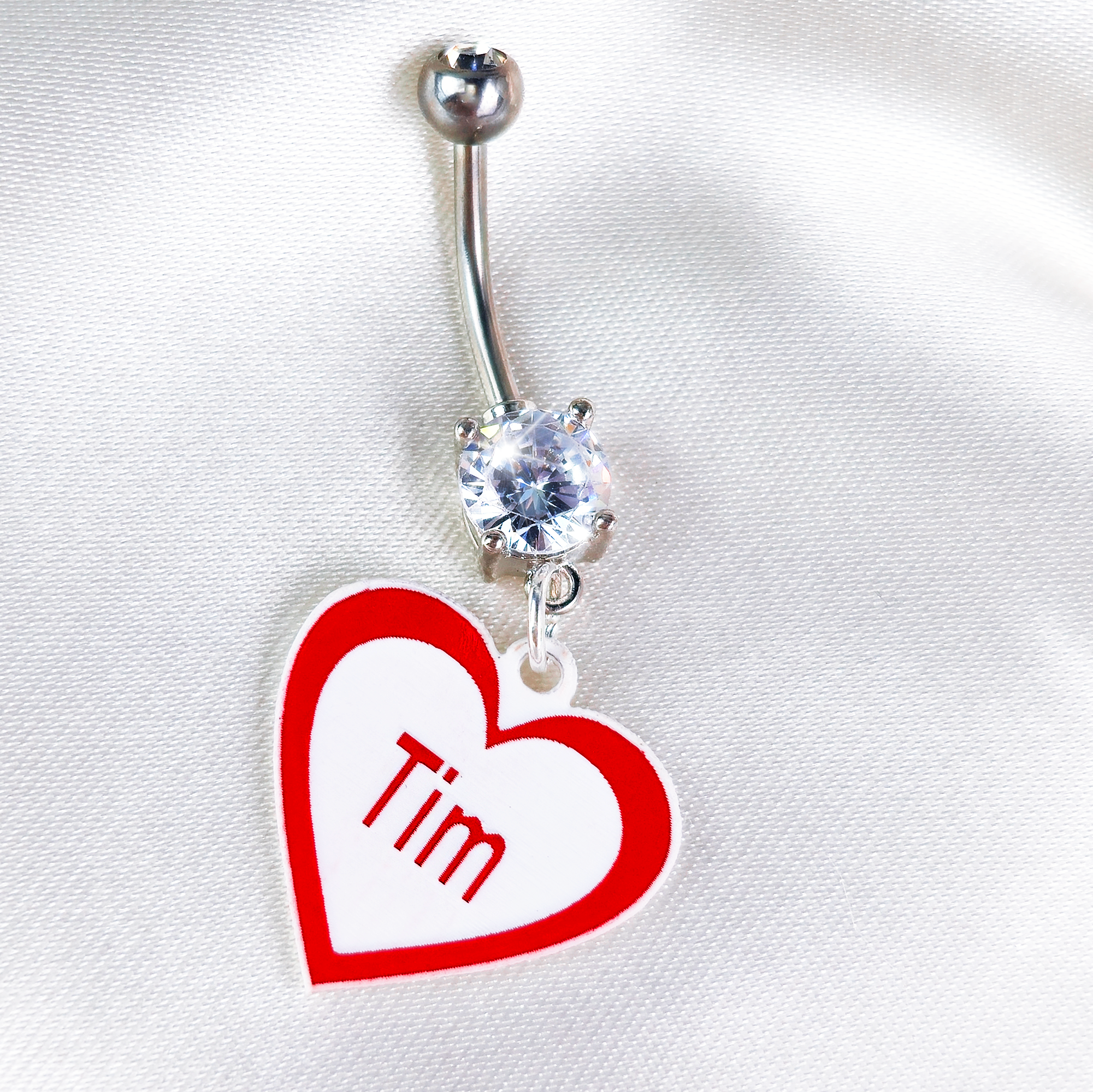 Custom Double Gem Red White Valentines Day Heart Personalized Dangle Belly Ring