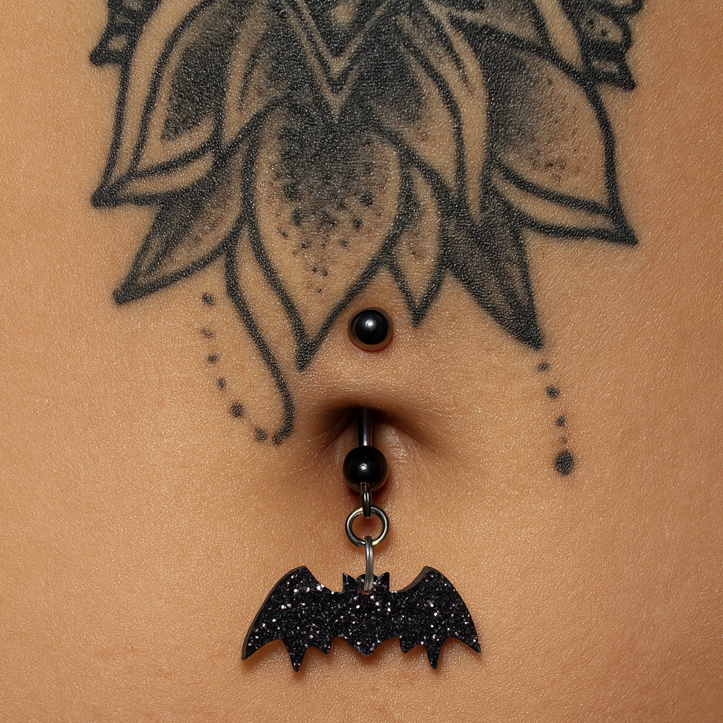 Glittery Black Bat Dangle Belly Ring