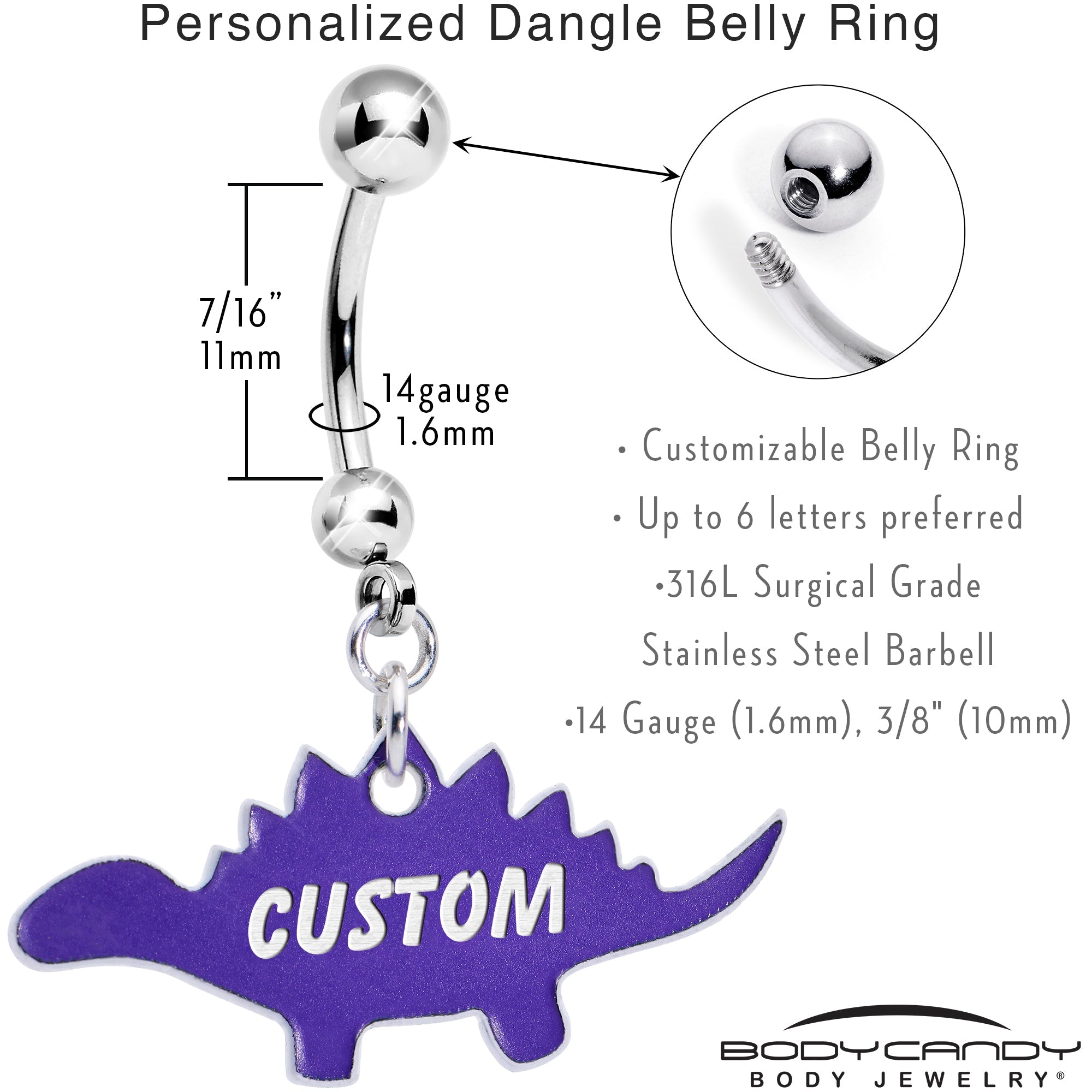 Custom Purple Stegosaurus Dinosaur Personalized Dangle Belly Ring