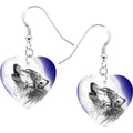 Heart Moon Howling Wolf Dangle Earrings