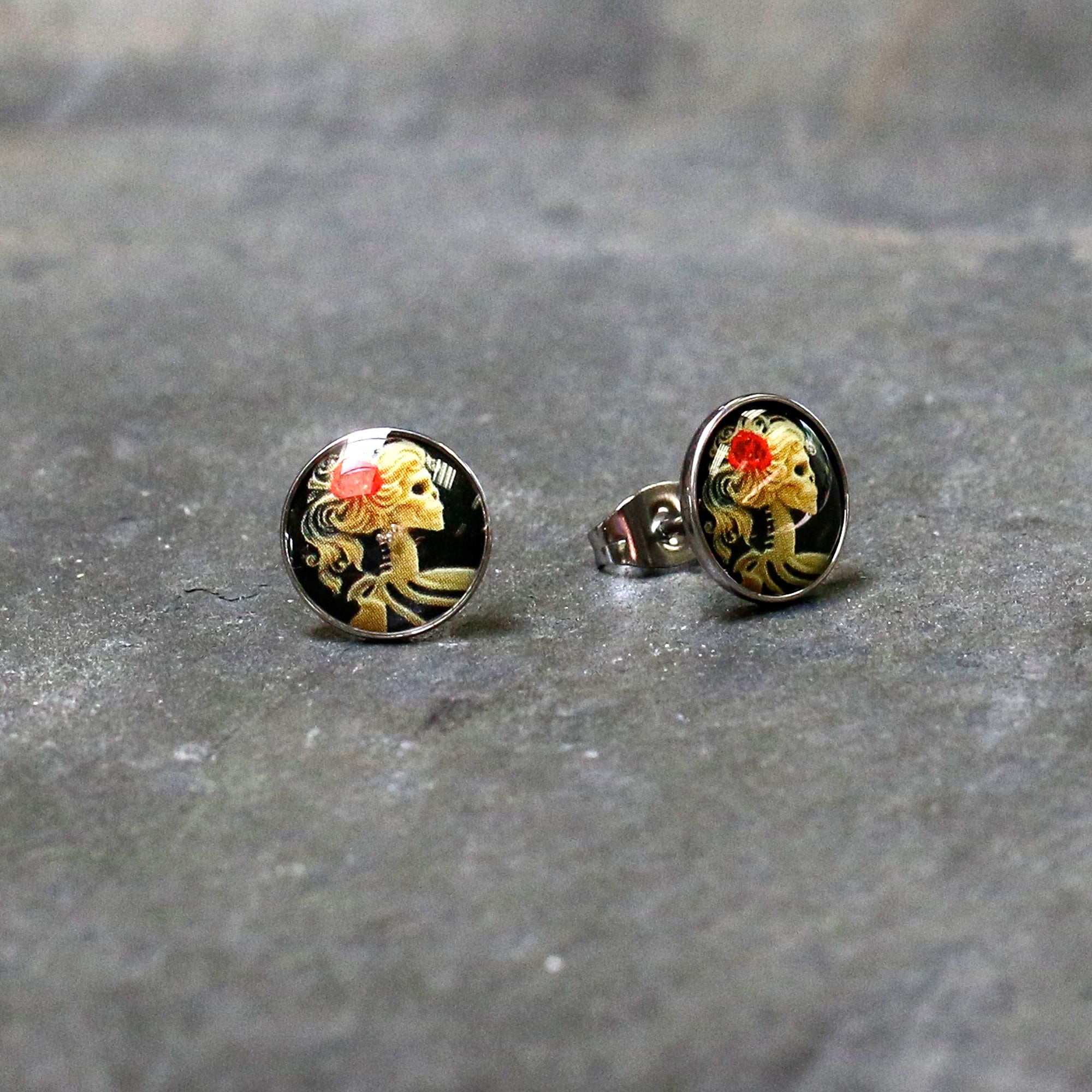 Red Rose Flower Skeleton Cameo Stud Earrings