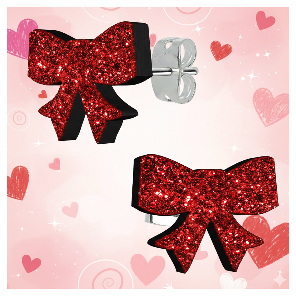 Ruby Red Glitter Ribbon Bow Stud Earrings