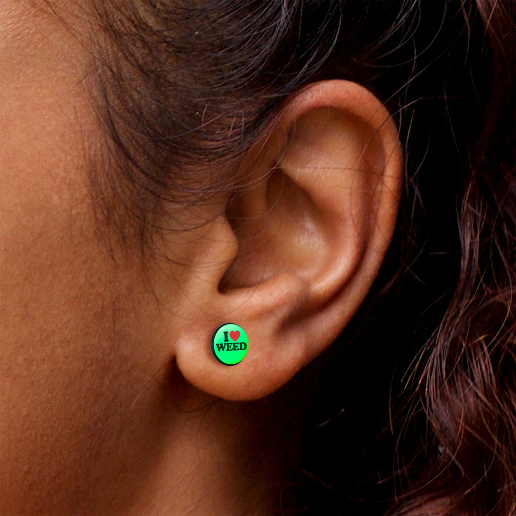 Black Anodized I Love Weed Glow in the Dark Stud Earrings by Onyx O