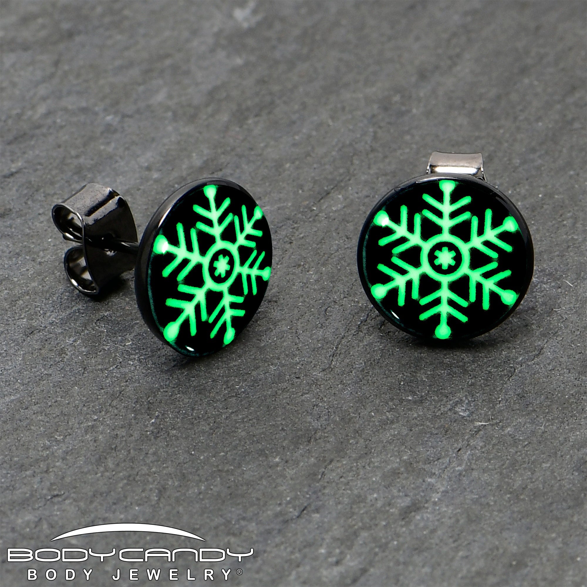 Black Anodized Glow in the Dark Holiday Snowflake Stud Earrings by Onyx O