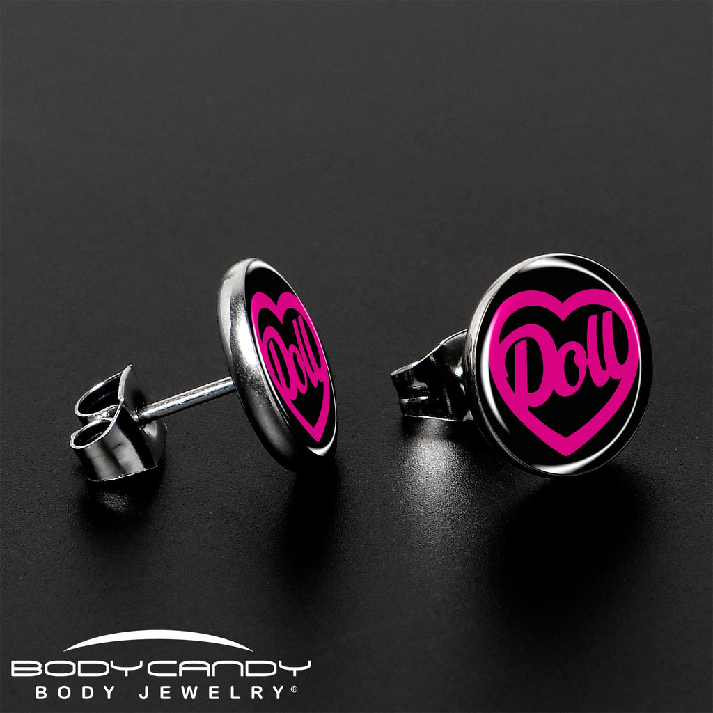 Hollow Heart Doll Word Stud Earrings by Onyx O