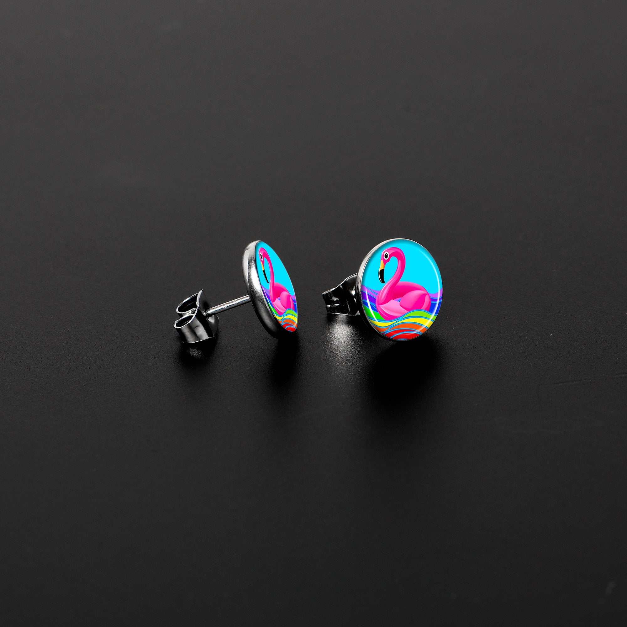 Rainbow Sea Floating Flamingo Stud Earrings by Onyx O