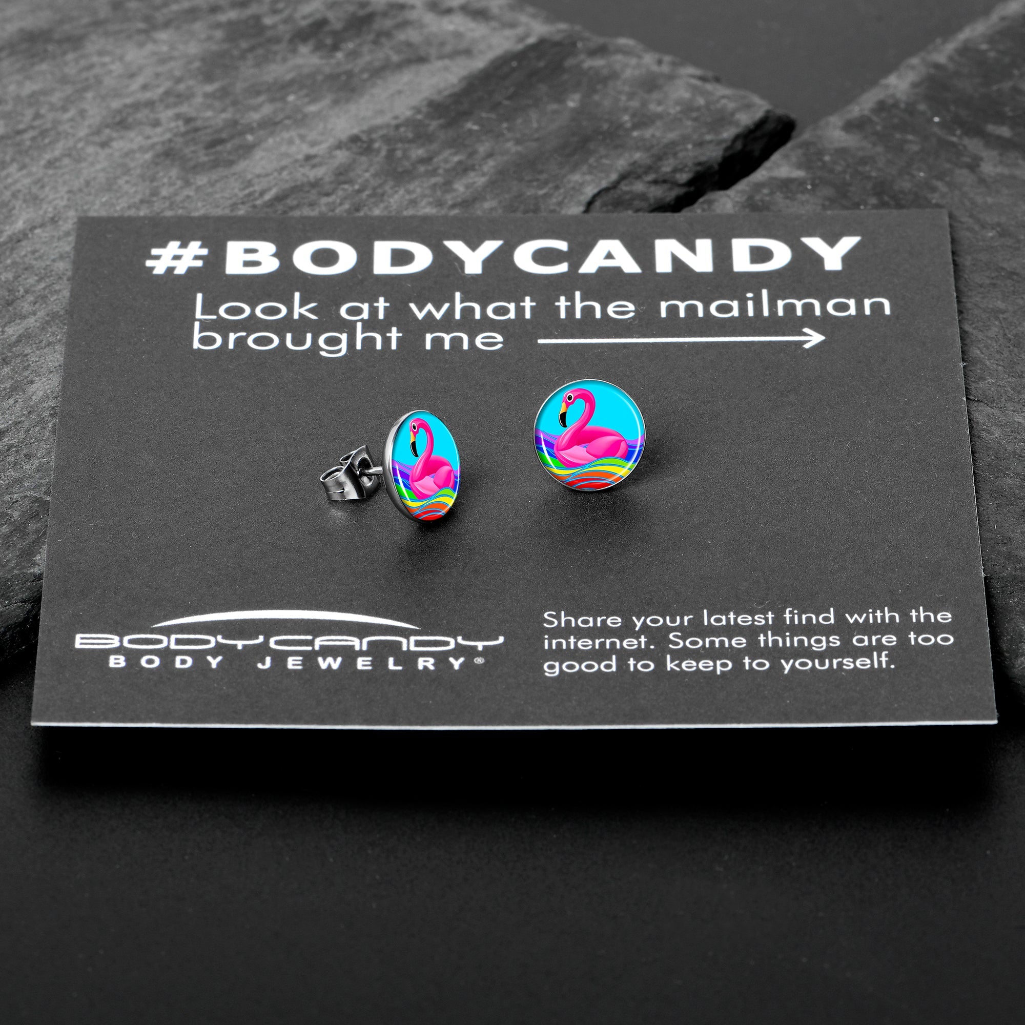 Rainbow Sea Floating Flamingo Stud Earrings by Onyx O