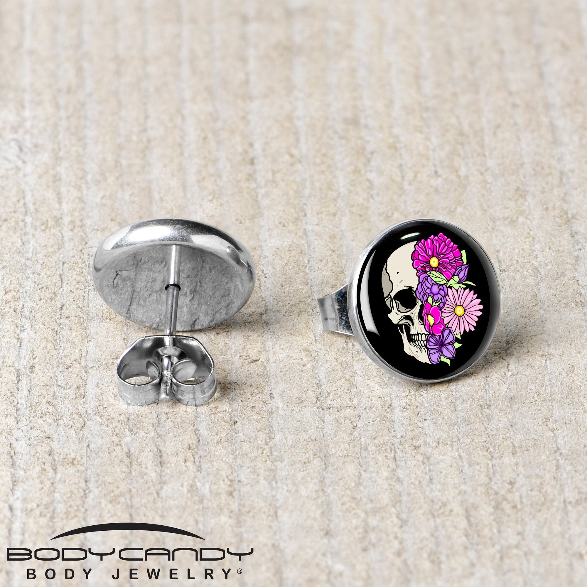 Floral Flowers Skull Stud Earrings by Onyx O