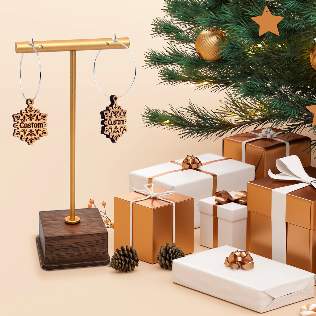 Custom Natural Wood Snowflake Personalized Hoop Earrings