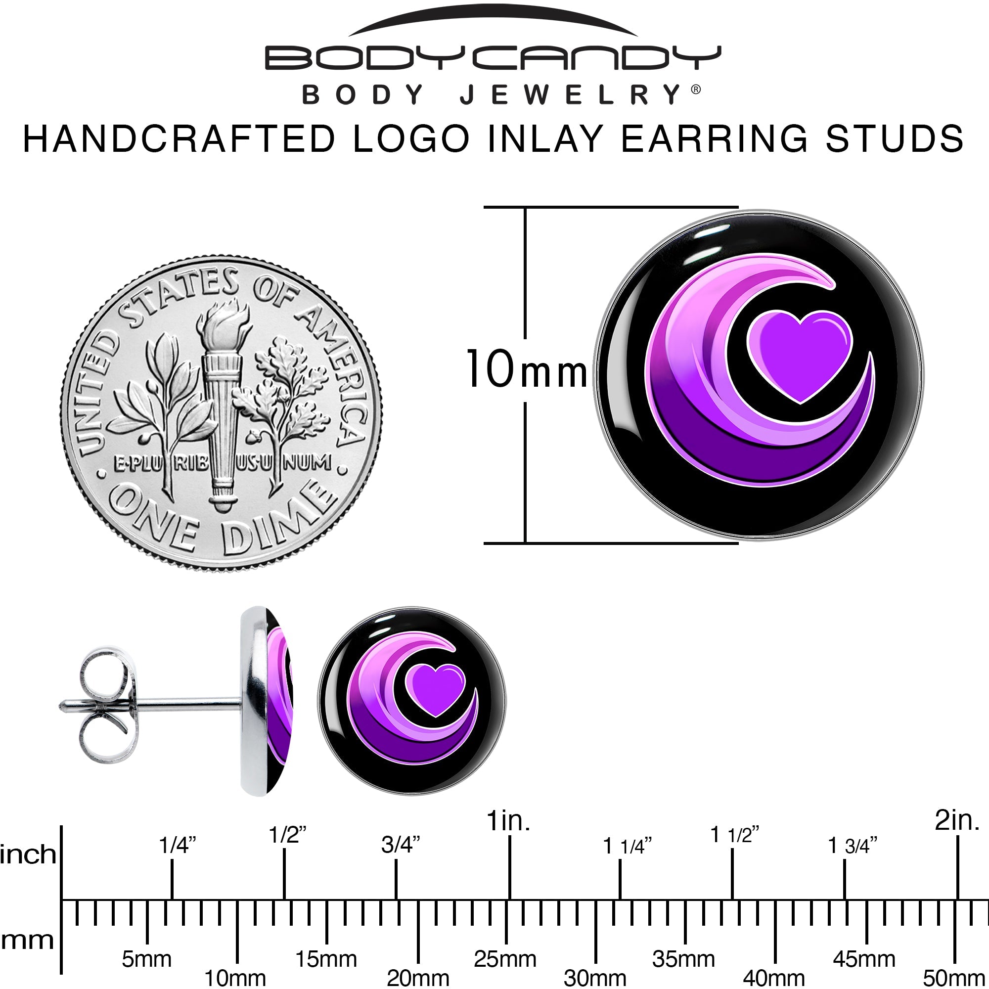 Crescent Moon Heart Stud Earrings by Onyx O