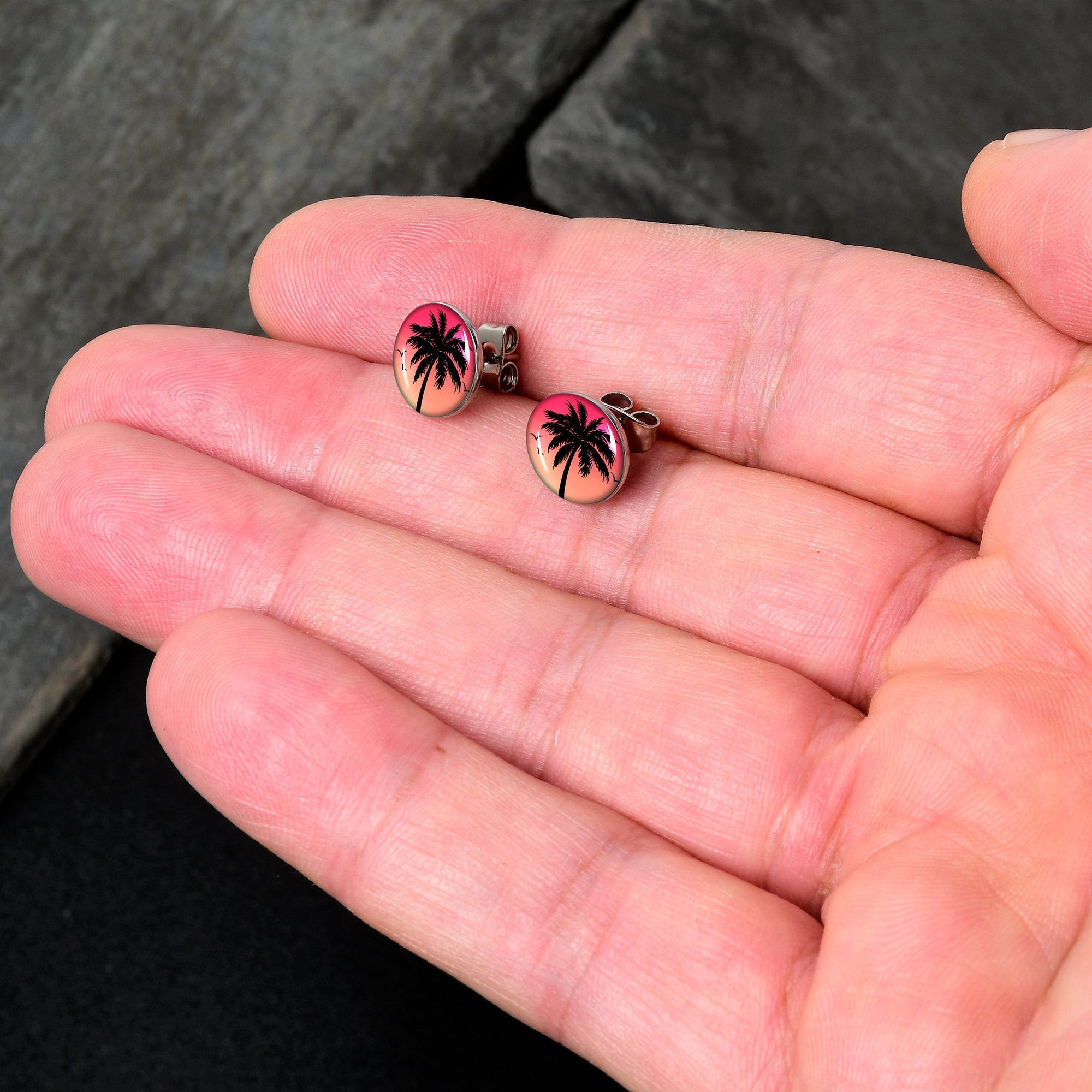 Red Sunset Palm Tree Stud Earrings by Onyx O