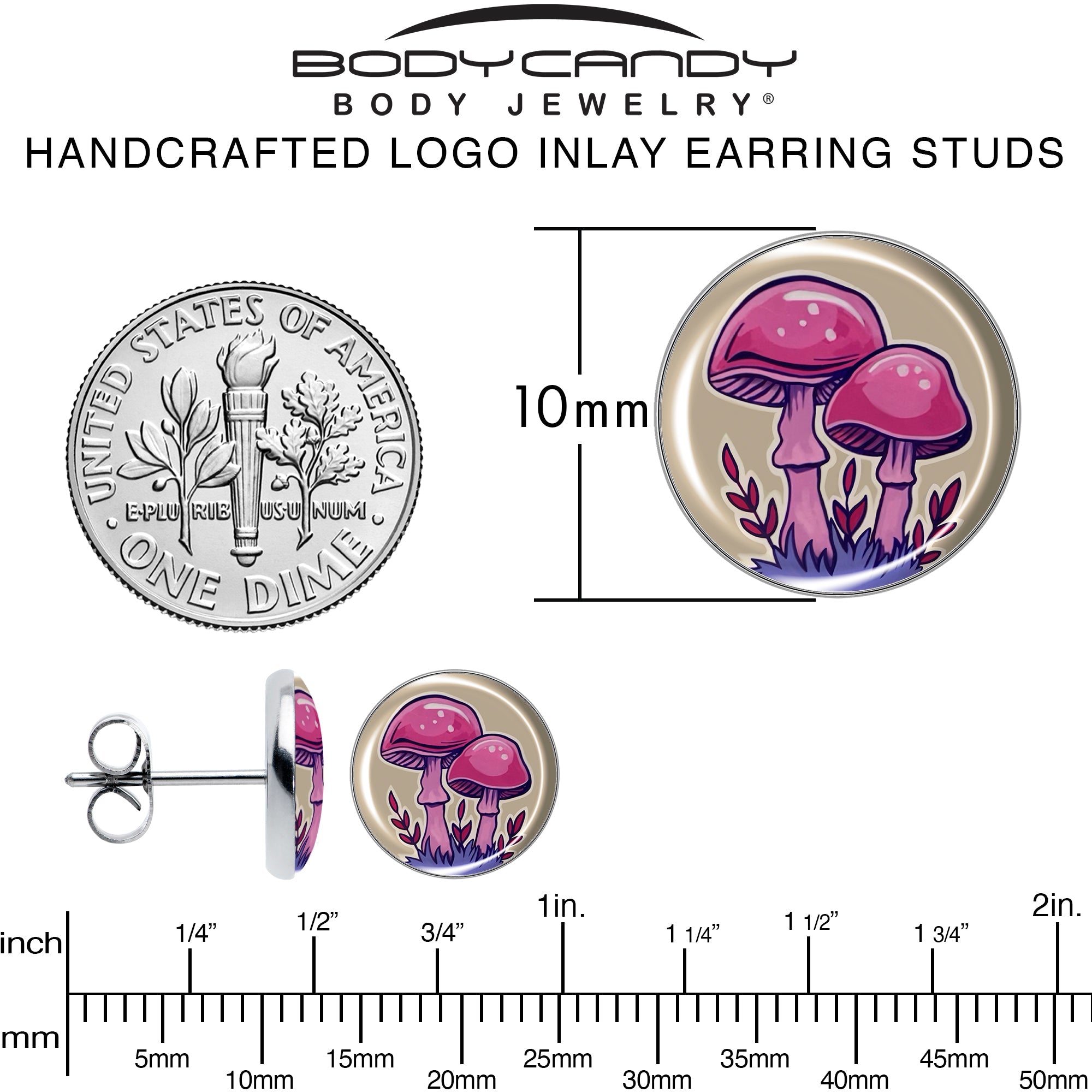 Artist Drawn Pink Mushrooms Stud Earrings by Onyx O
