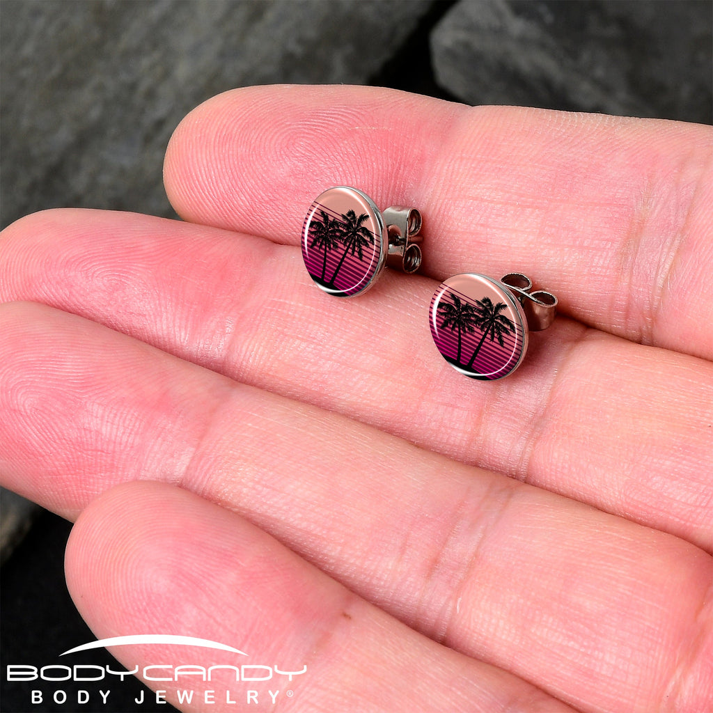 Palm Tree Retro Sunset Stud Earrings by Onyx O