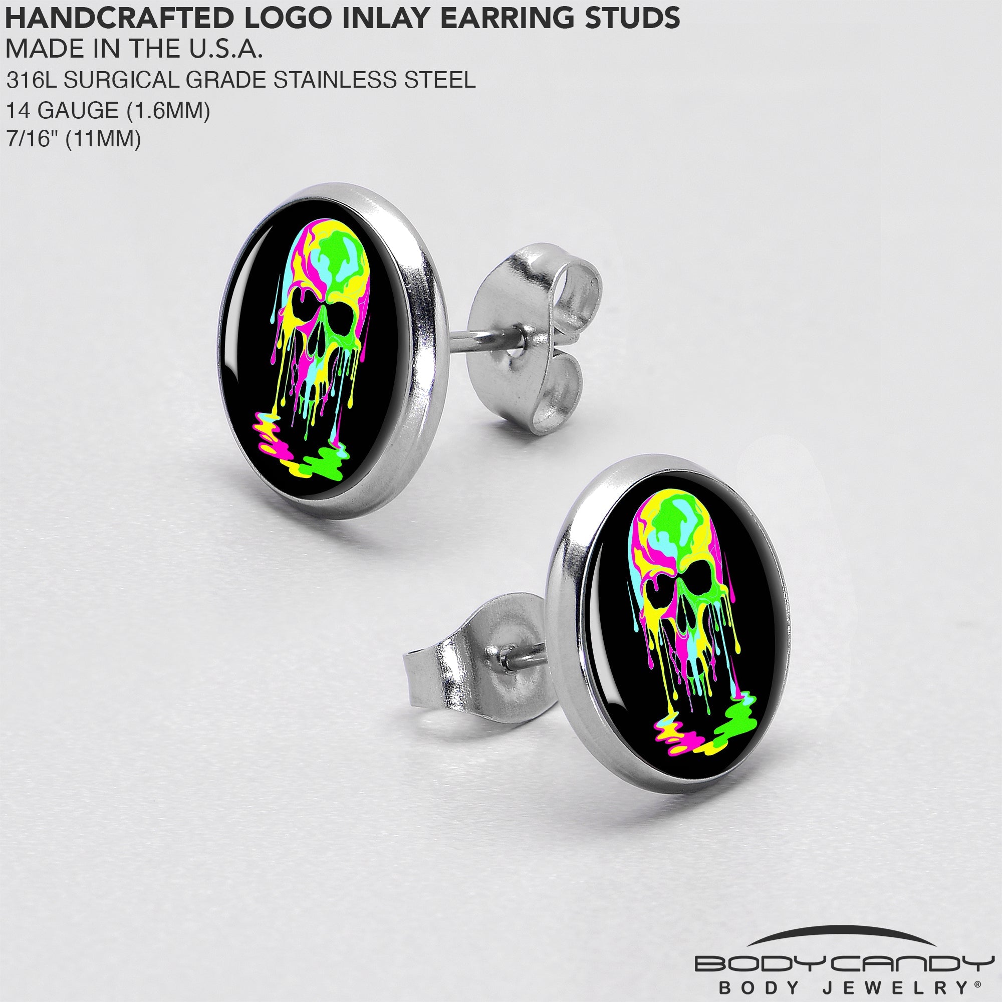 Ultra Bright Melting Skull Stud Earrings by Onyx O