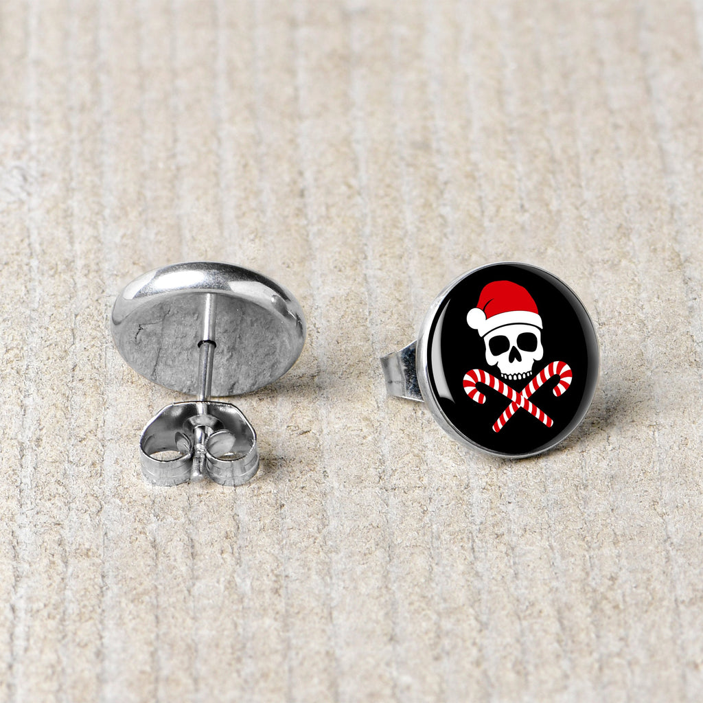Santa Pirate Candy Cane Skull Stud Earrings by Onyx O