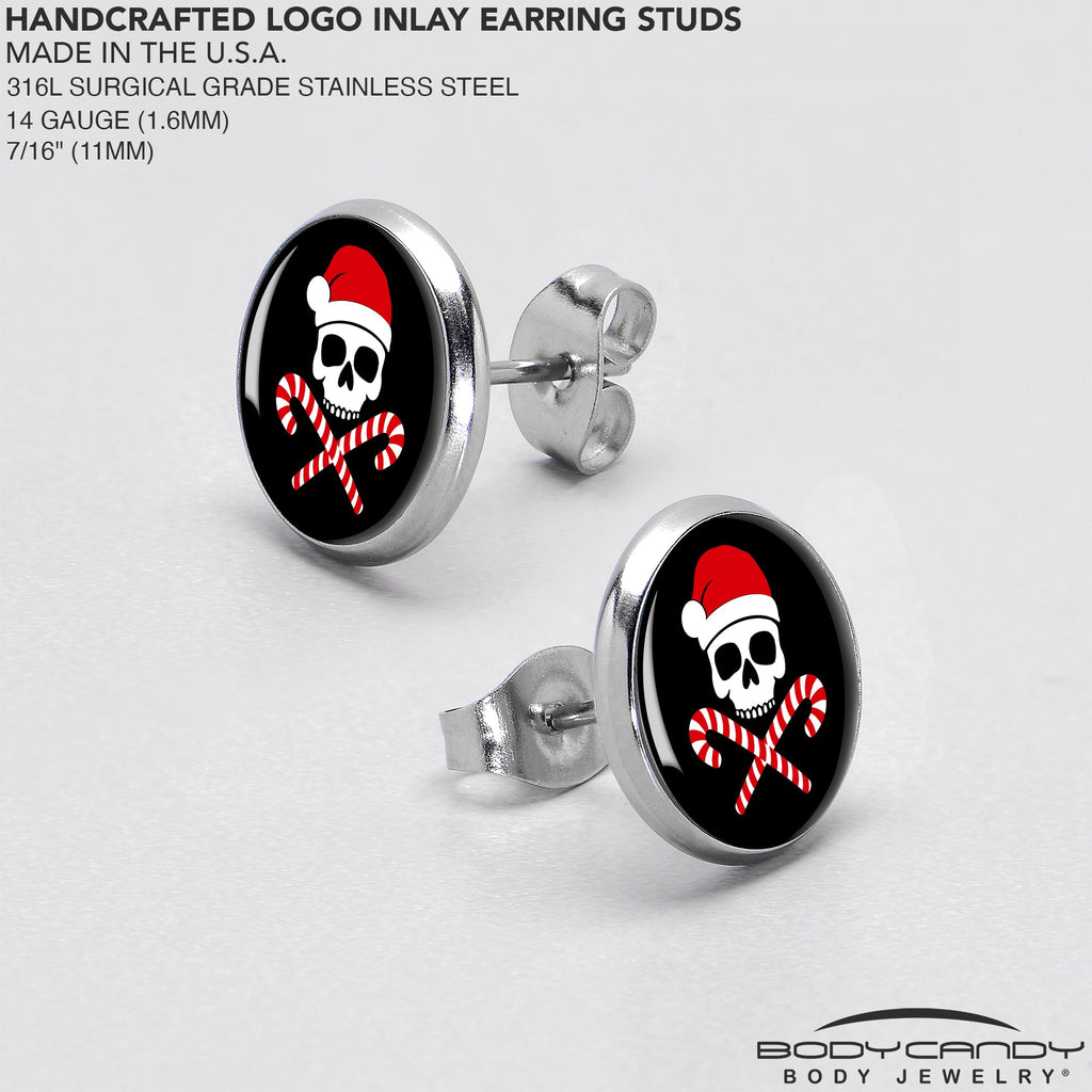 Santa Pirate Candy Cane Skull Stud Earrings by Onyx O