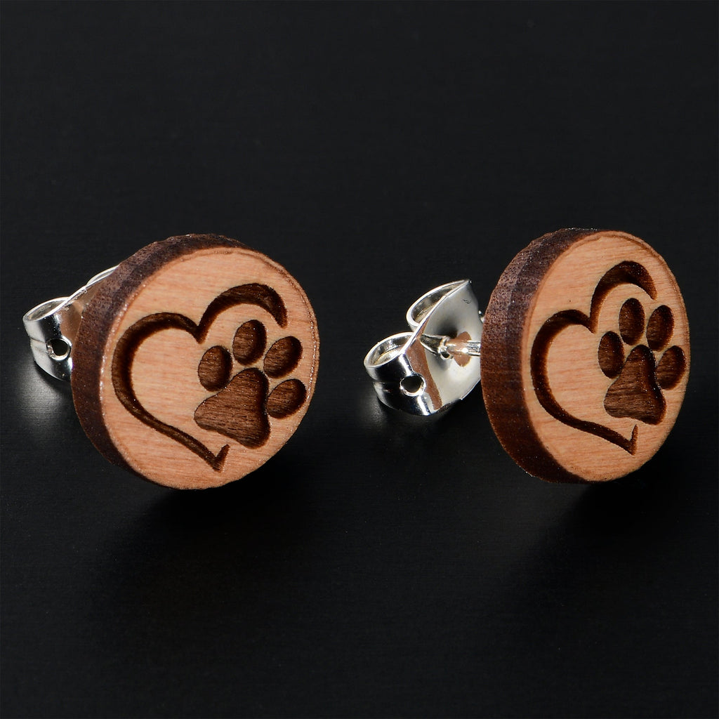Natural Maple Wood Heart Paw Print Stud Earrings